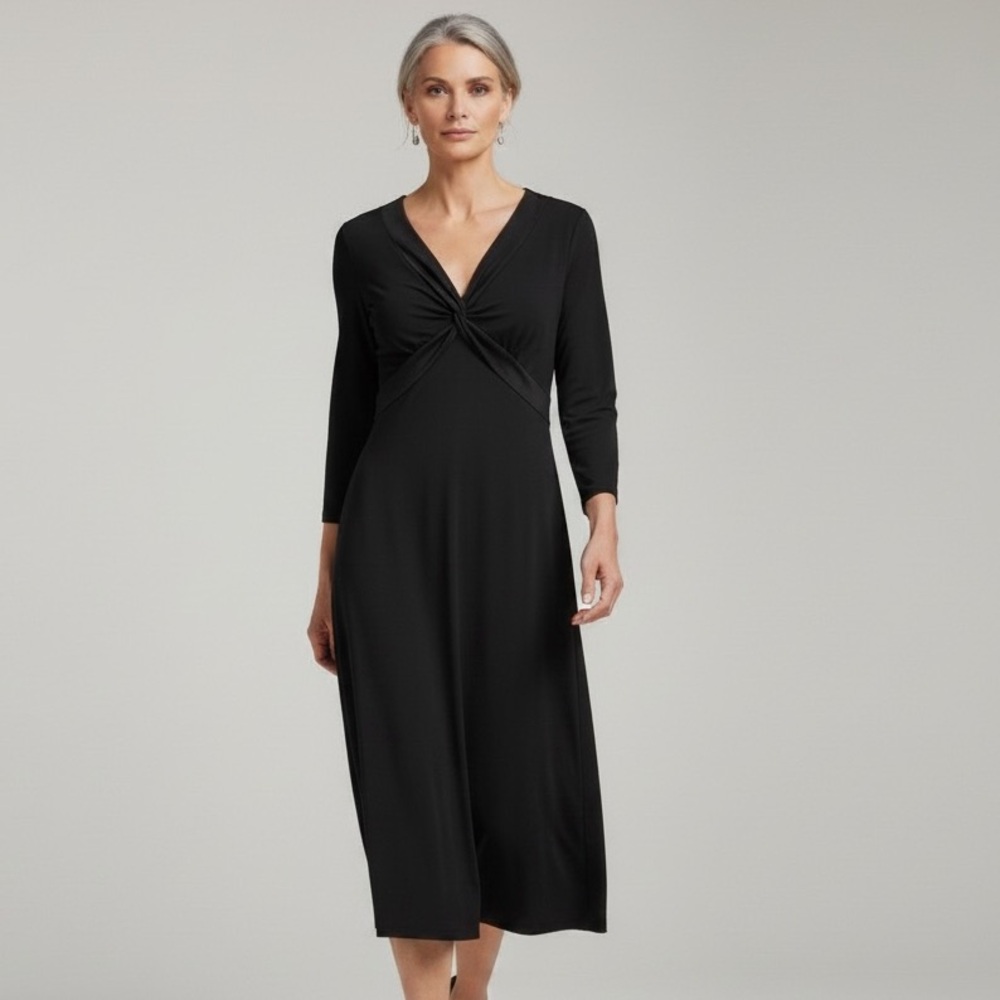 BCBG Paris Little Black Dress Satin Twist-Front 3/4 Sleeve Sheath Dress L